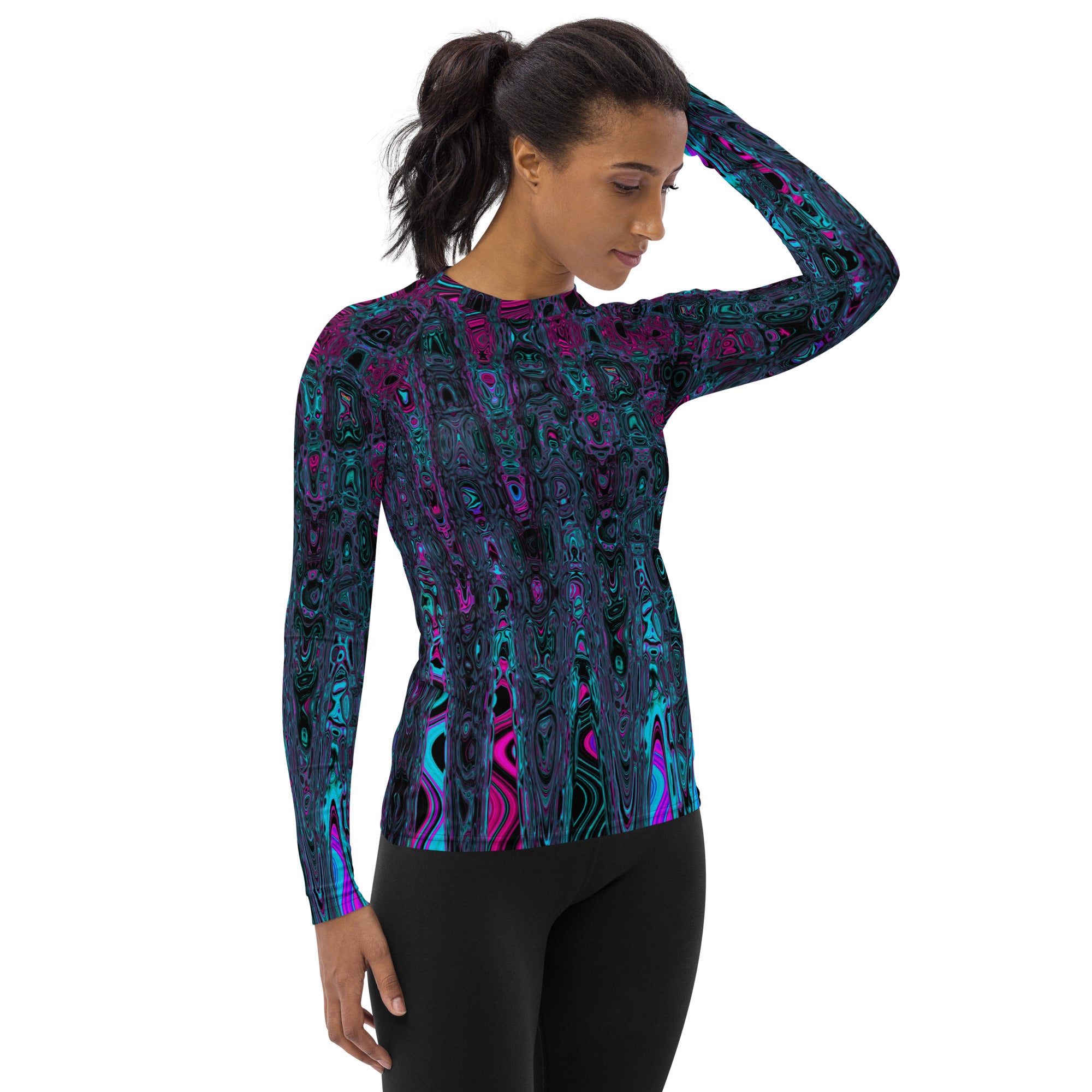 Women's Rash Guard Shirts | Retro Aqua Magenta and Black Abstract Atomic Waves