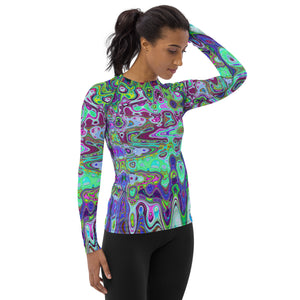 Women's Rash Guard Shirts | Abstract Green and Purple Wavy Mosaic Retro