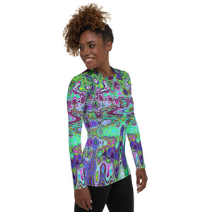 Women's Rash Guard Shirts | Abstract Green and Purple Wavy Mosaic Retro