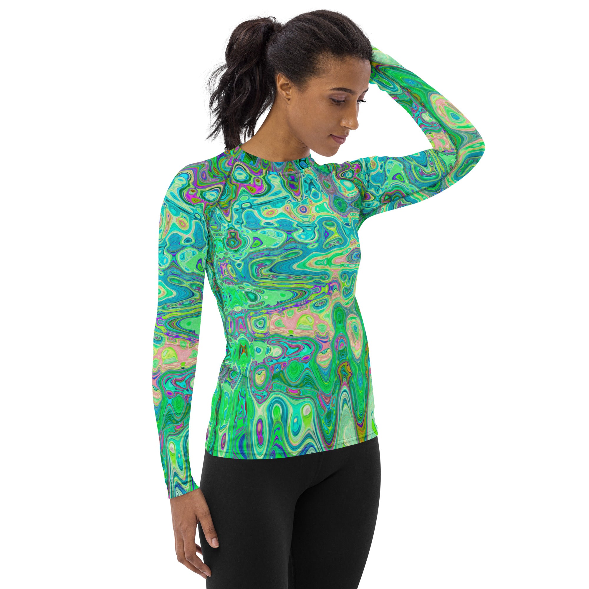 Women's Rash Guard Shirts | Abstract Colorful Green Wavy Mosaic Retro