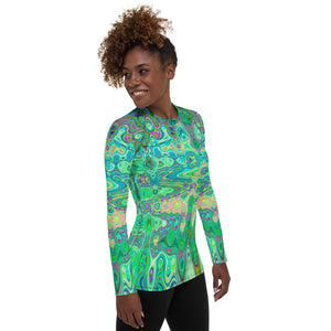 Women's Rash Guard Shirts | Abstract Colorful Green Wavy Mosaic Retro