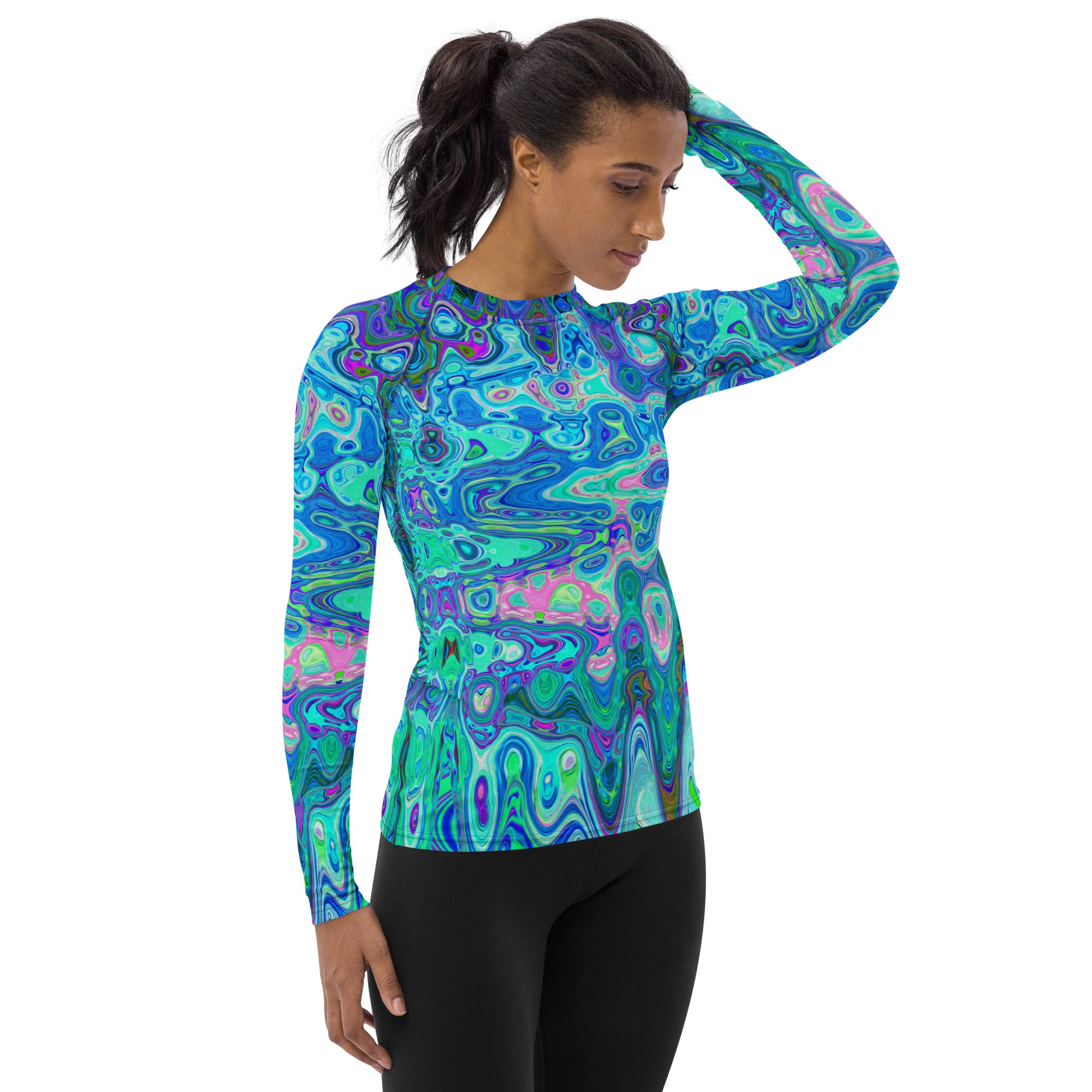 Women's Rash Guard Shirts | Abstract Colorful Blue Wavy Mosaic Retro