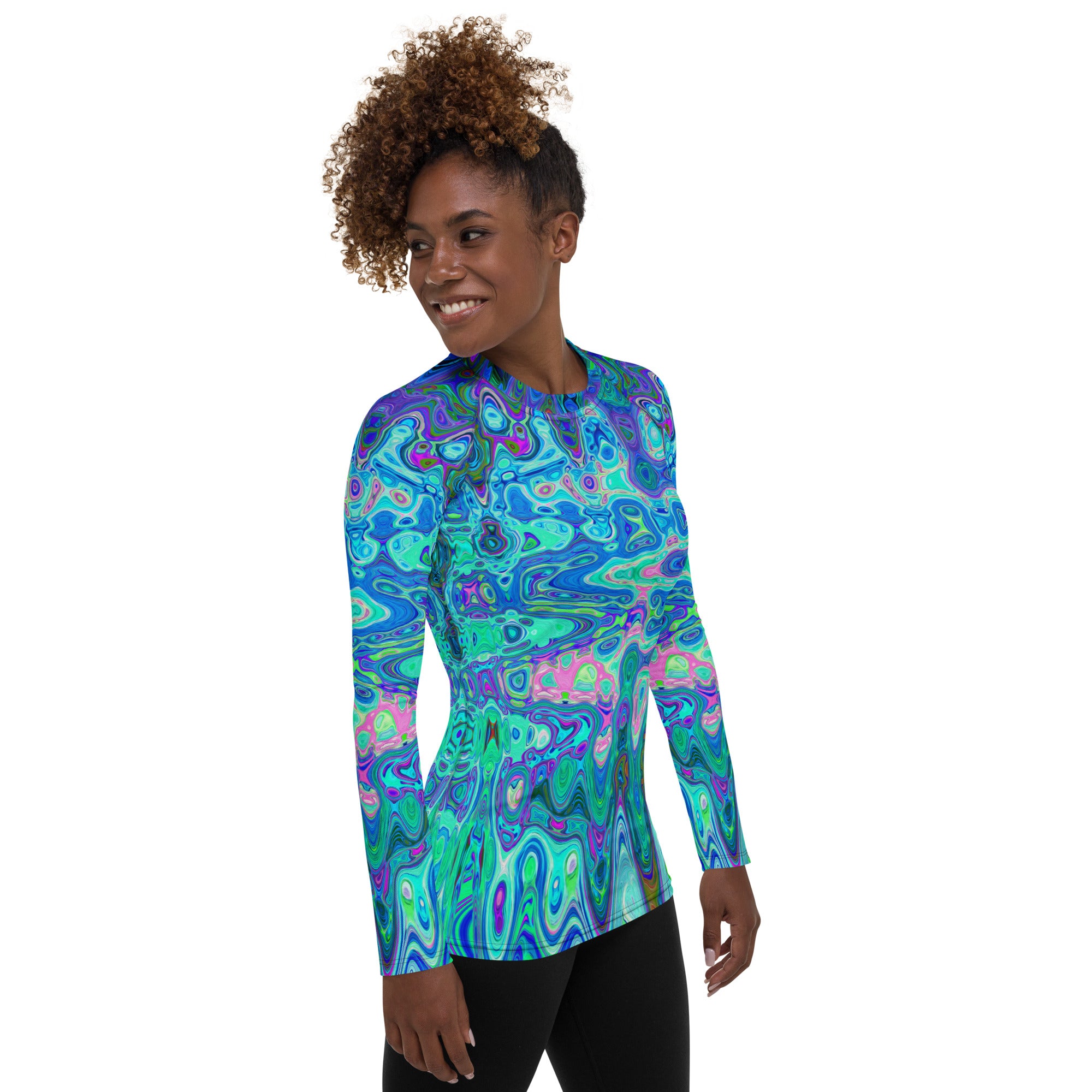 Women's Rash Guard Shirts | Abstract Colorful Blue Wavy Mosaic Retro