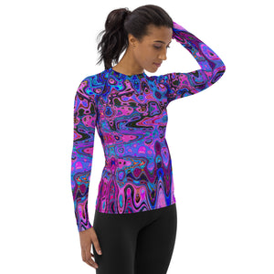 Women's Rash Guard Shirts | Abstract Mosaic Pink and Blue Wavy Retro