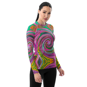 Women's Rash Guard Shirts - Groovy Abstract Retro Pink and Mint Green Swirl