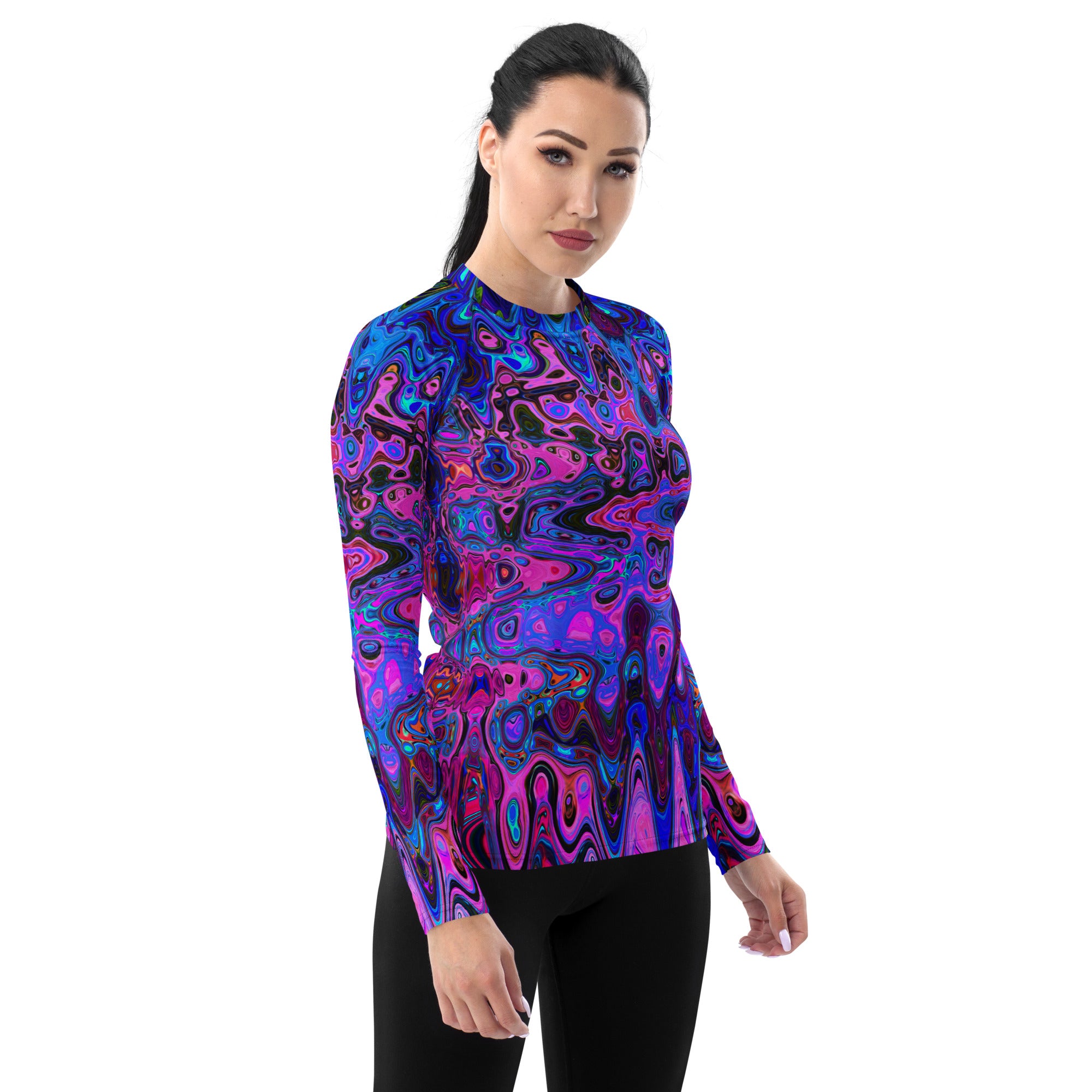 Women's Rash Guard Shirts | Abstract Mosaic Pink and Blue Wavy Retro