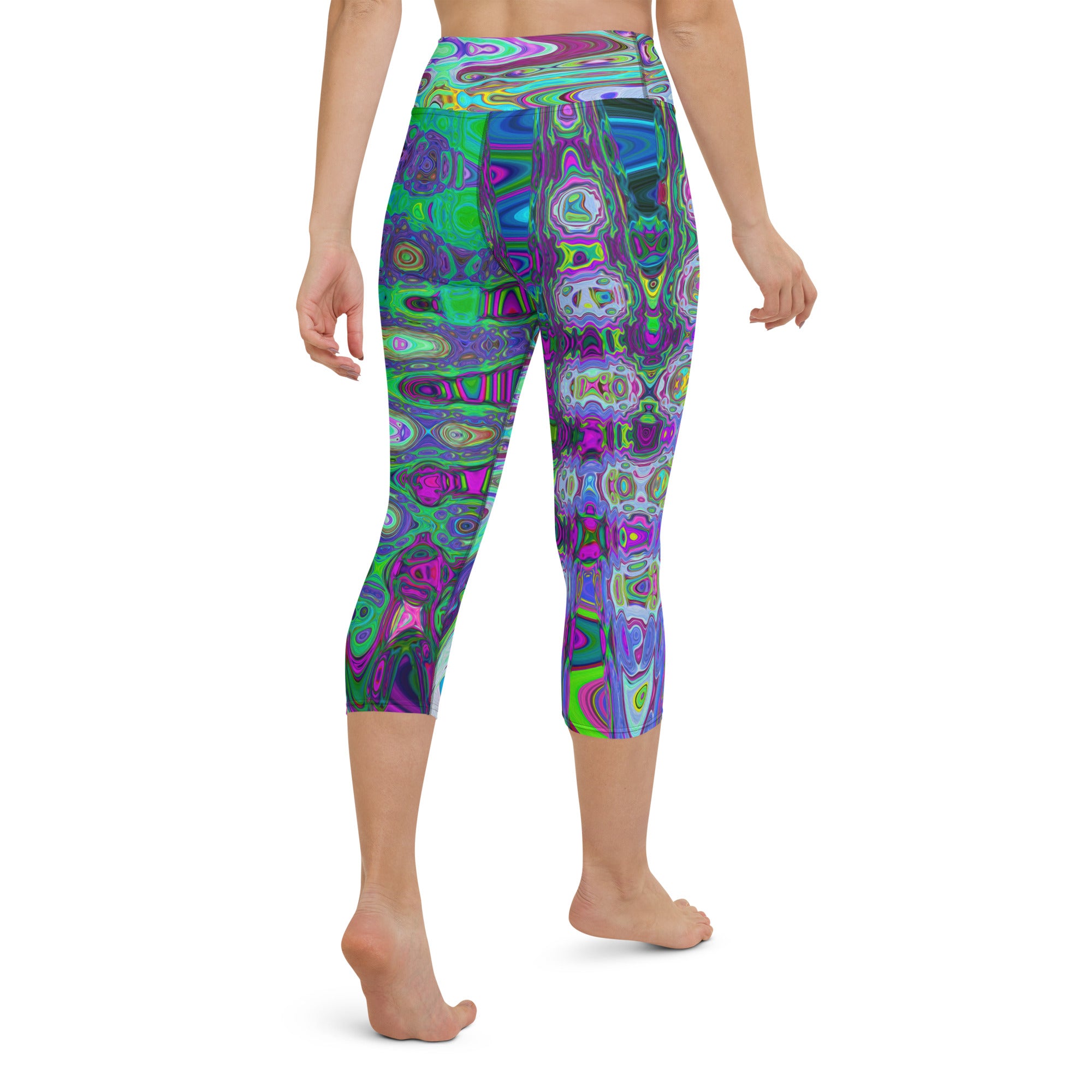 Capri Yoga Leggings | Abstract Green and Purple Wavy Mosaic Retro