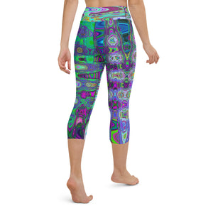 Capri Yoga Leggings | Abstract Green and Purple Wavy Mosaic Retro