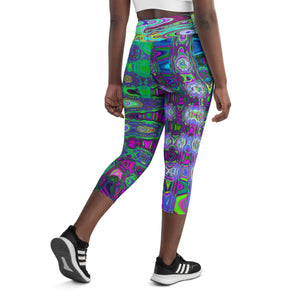 Capri Yoga Leggings | Abstract Green and Purple Wavy Mosaic Retro