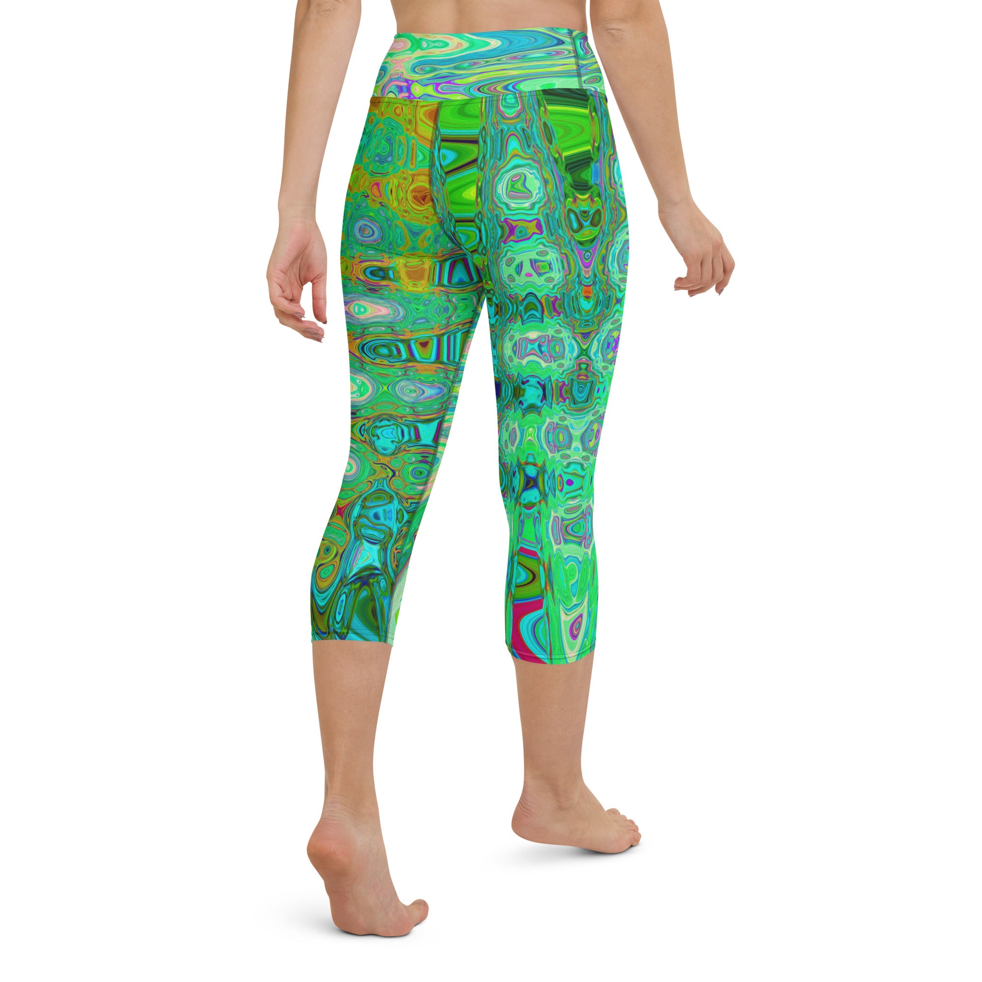 Capri Yoga Leggings | Abstract Colorful Green Wavy Mosaic Retro