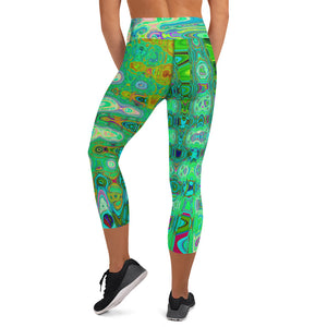 Capri Yoga Leggings | Abstract Colorful Green Wavy Mosaic Retro