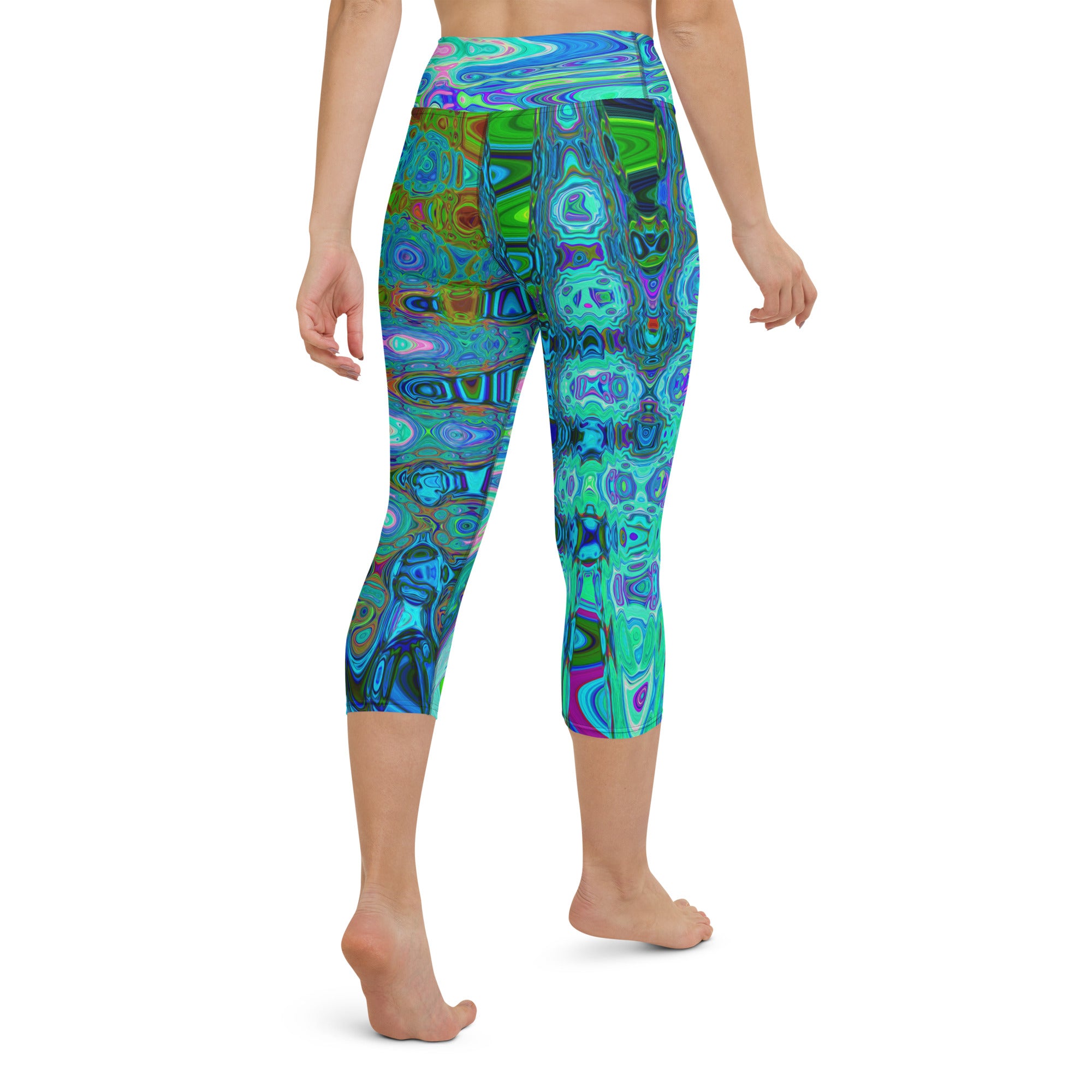 Capri Yoga Leggings | Abstract Colorful Blue Wavy Mosaic Retro