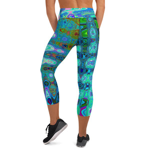 Capri Yoga Leggings | Abstract Colorful Blue Wavy Mosaic Retro