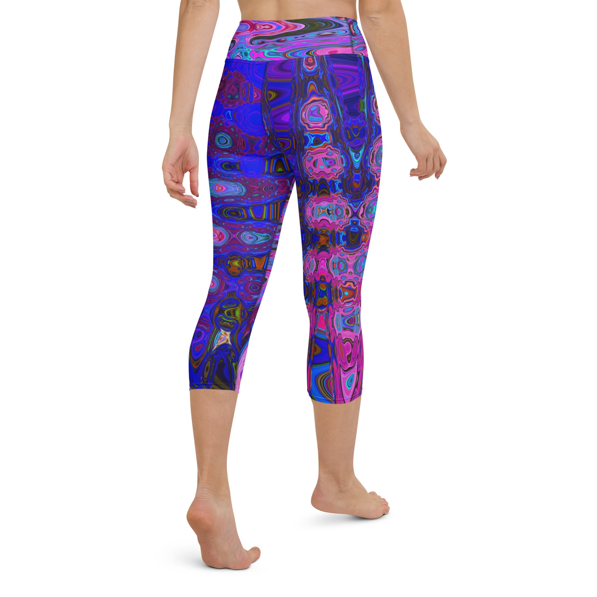 Capri Yoga Leggings | Abstract Mosaic Pink and Blue Wavy Retro