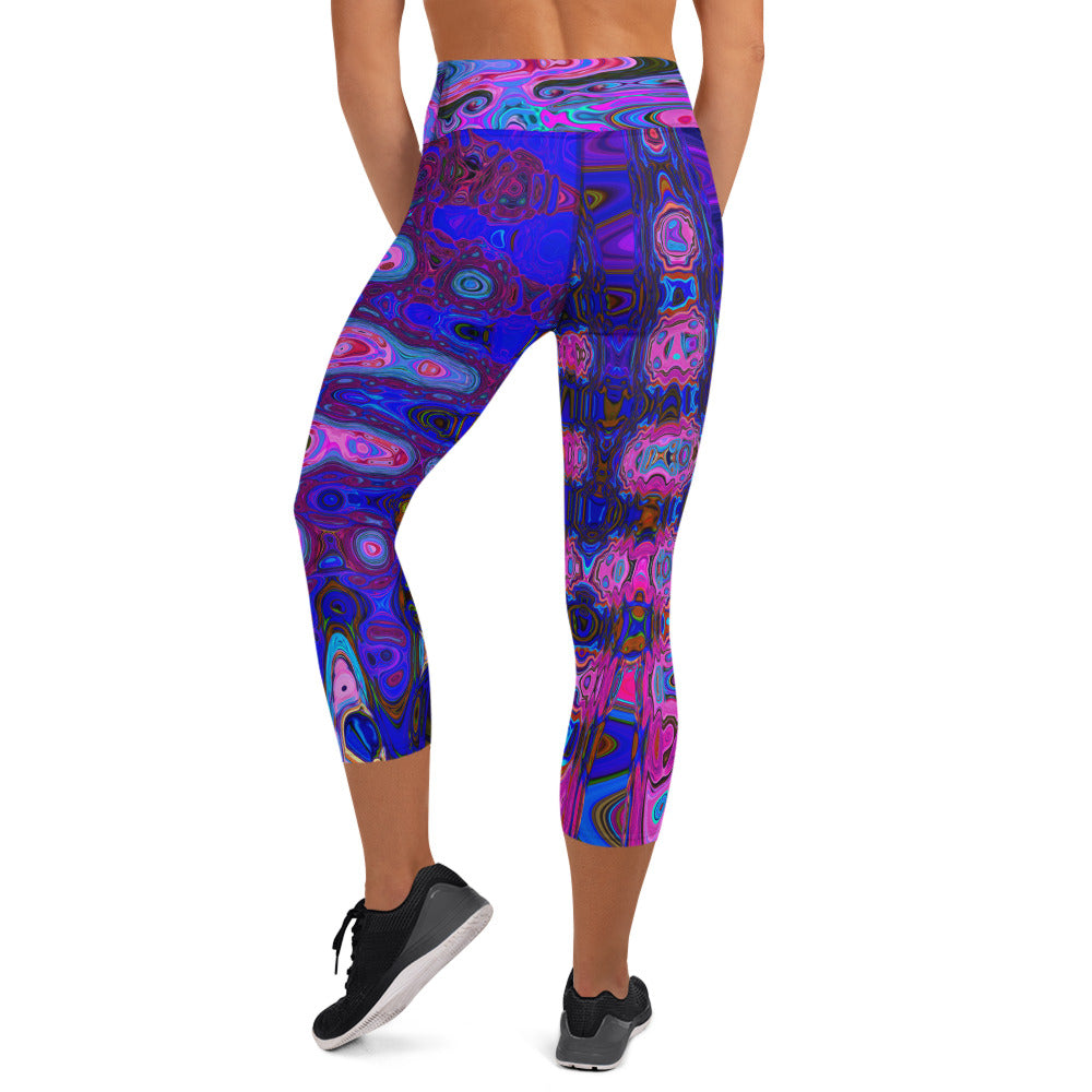 Capri Yoga Leggings | Abstract Mosaic Pink and Blue Wavy Retro