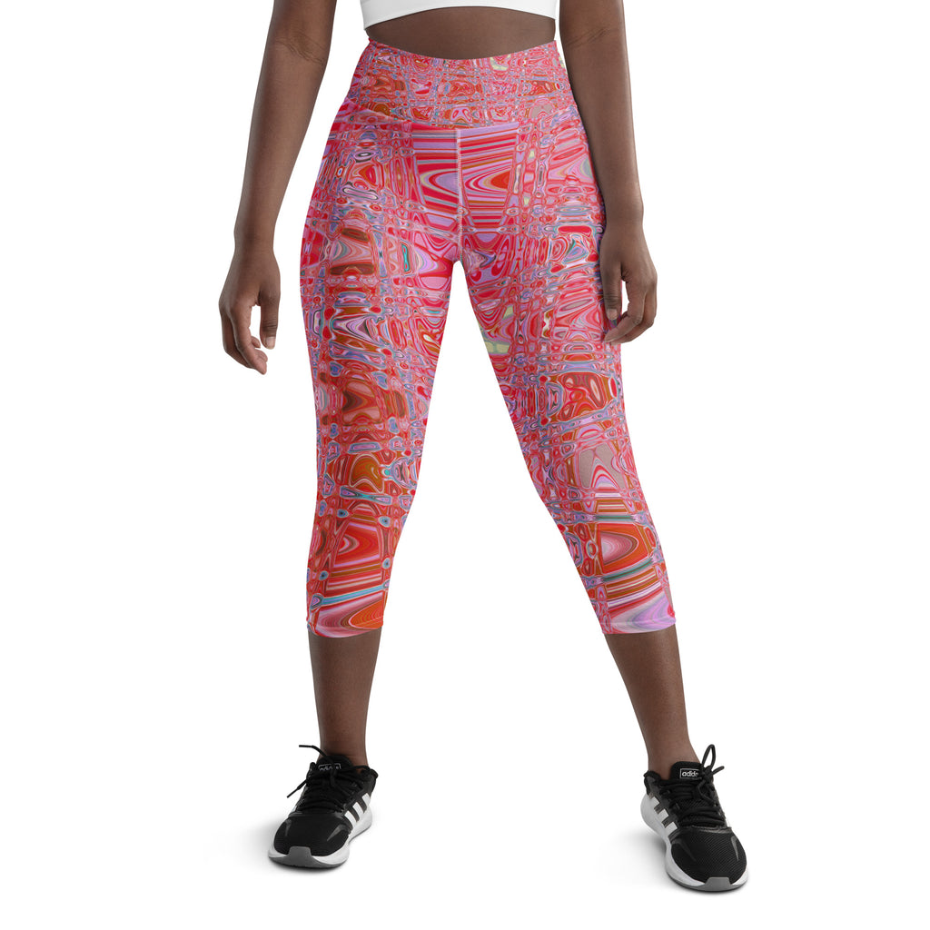 Capri Yoga Leggings | Cool Abstract Red and Pink Retro Zigzag Waves