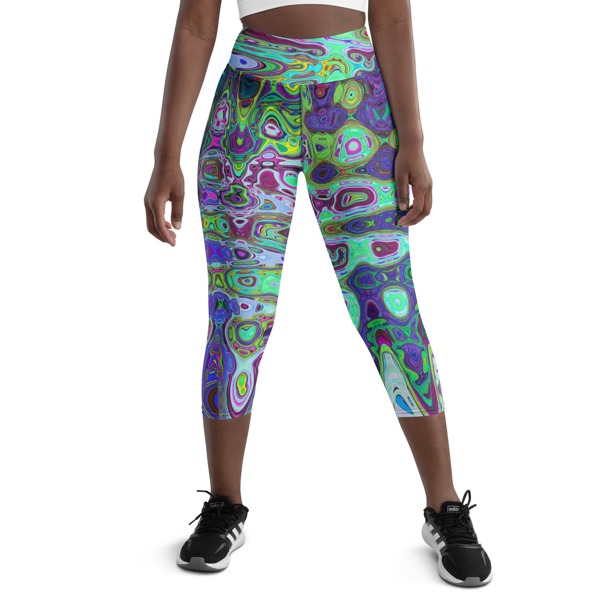 Capri Yoga Leggings | Abstract Green and Purple Wavy Mosaic Retro