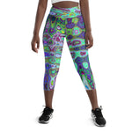 Capri Yoga Leggings | Abstract Green and Purple Wavy Mosaic Retro