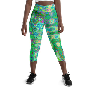 Capri Yoga Leggings | Abstract Colorful Green Wavy Mosaic Retro