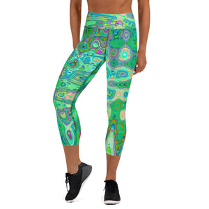 Capri Yoga Leggings | Abstract Colorful Green Wavy Mosaic Retro