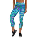 Capri Yoga Leggings | Abstract Colorful Blue Wavy Mosaic Retro