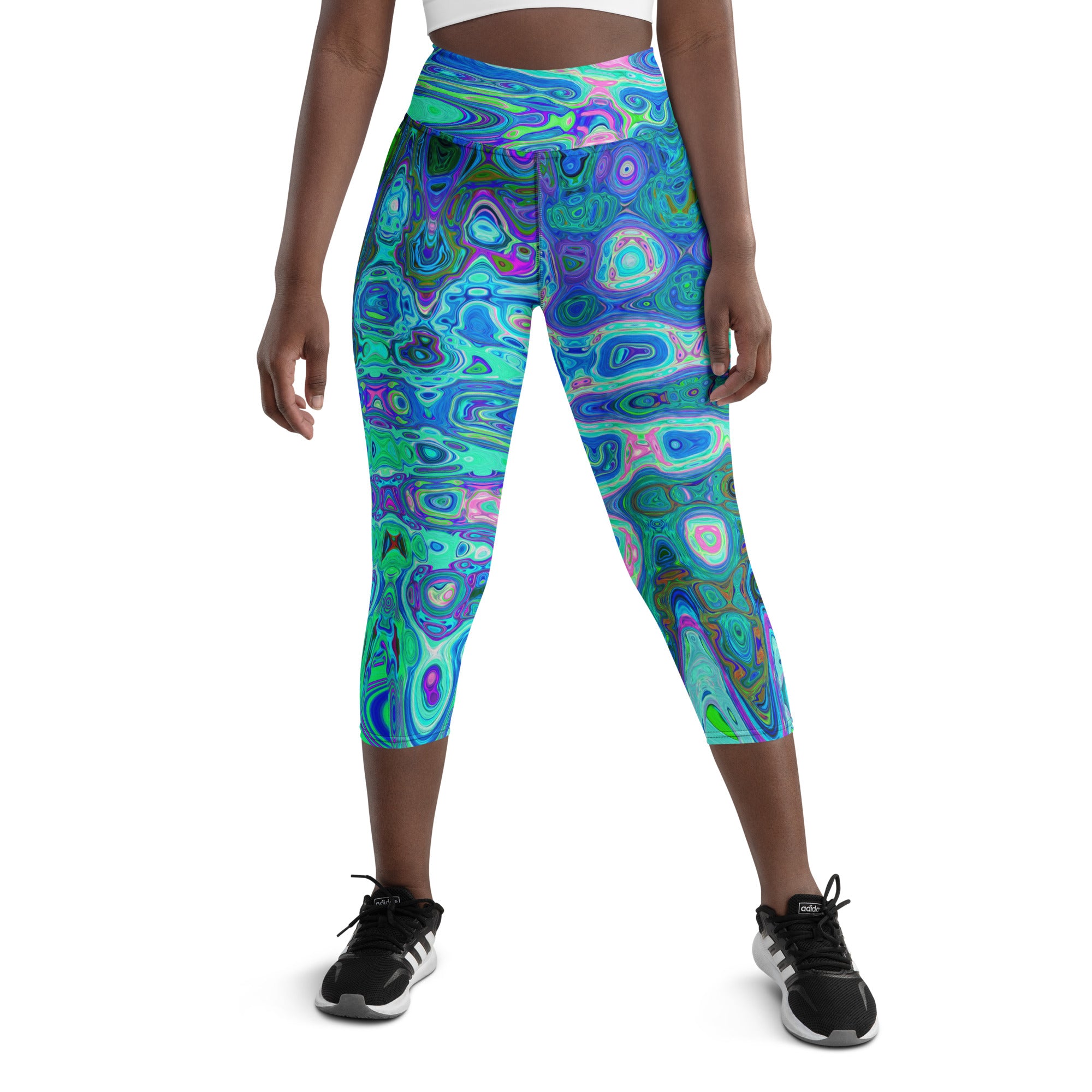 Capri Yoga Leggings | Abstract Colorful Blue Wavy Mosaic Retro