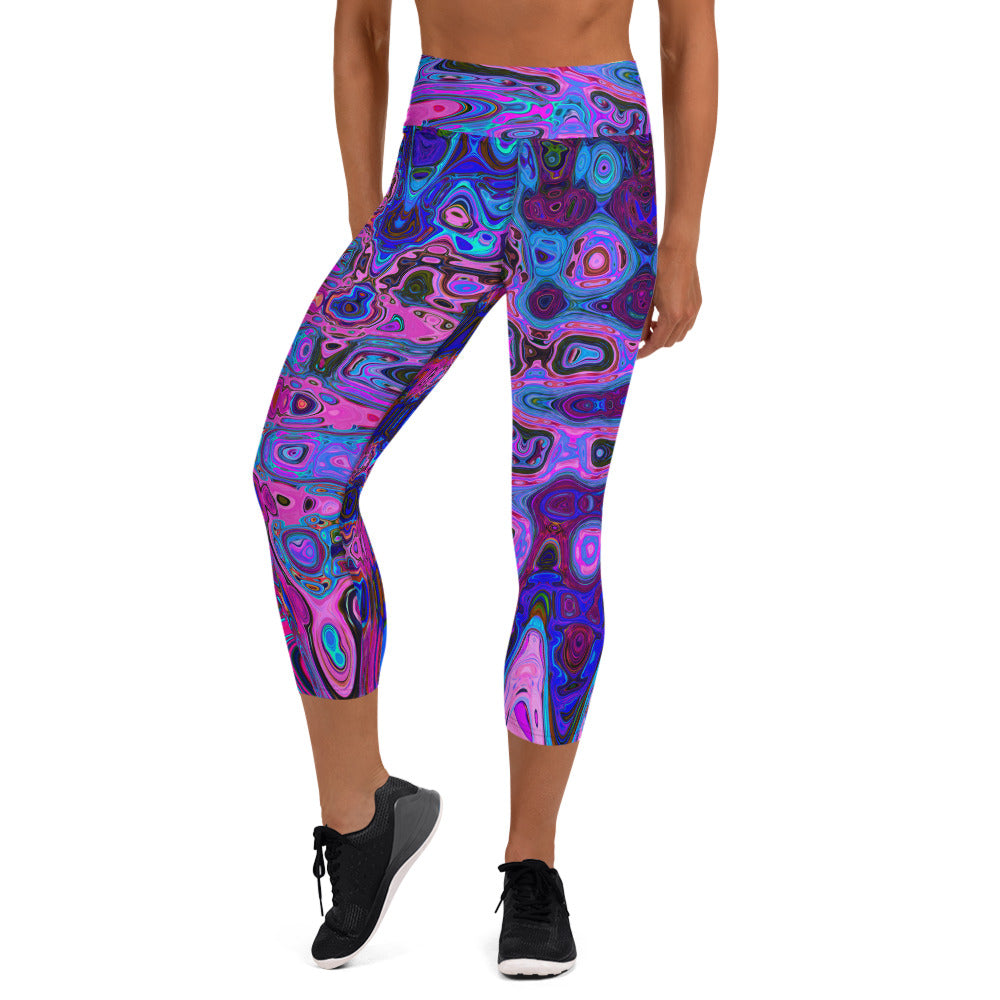 Capri Yoga Leggings | Abstract Mosaic Pink and Blue Wavy Retro