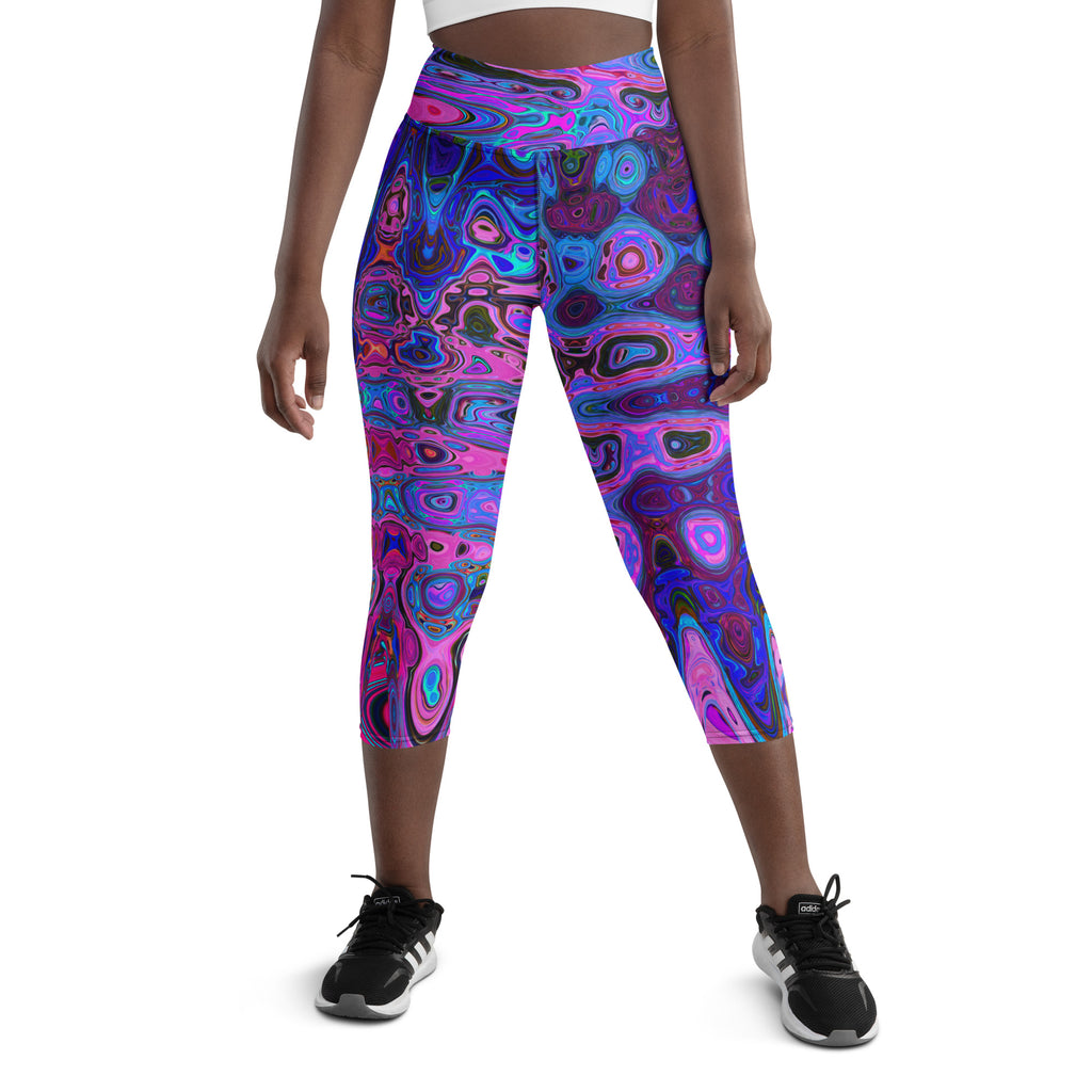 Capri Yoga Leggings | Abstract Mosaic Pink and Blue Wavy Retro