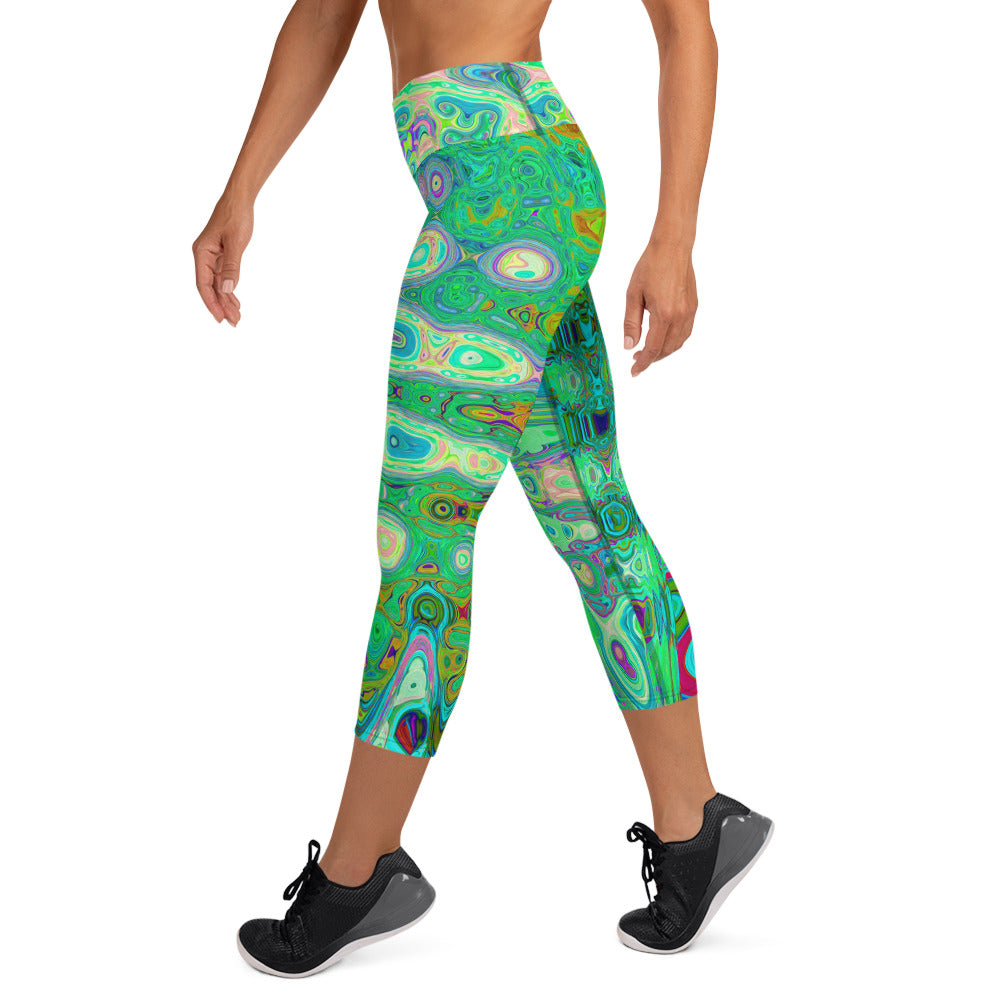 Capri Yoga Leggings | Abstract Colorful Green Wavy Mosaic Retro