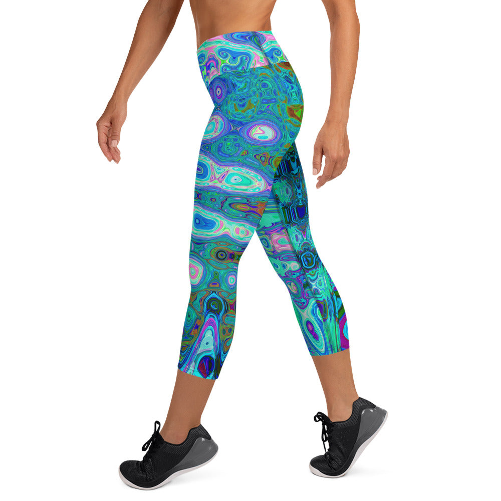 Capri Yoga Leggings | Abstract Colorful Blue Wavy Mosaic Retro