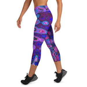 Capri Yoga Leggings | Abstract Mosaic Pink and Blue Wavy Retro