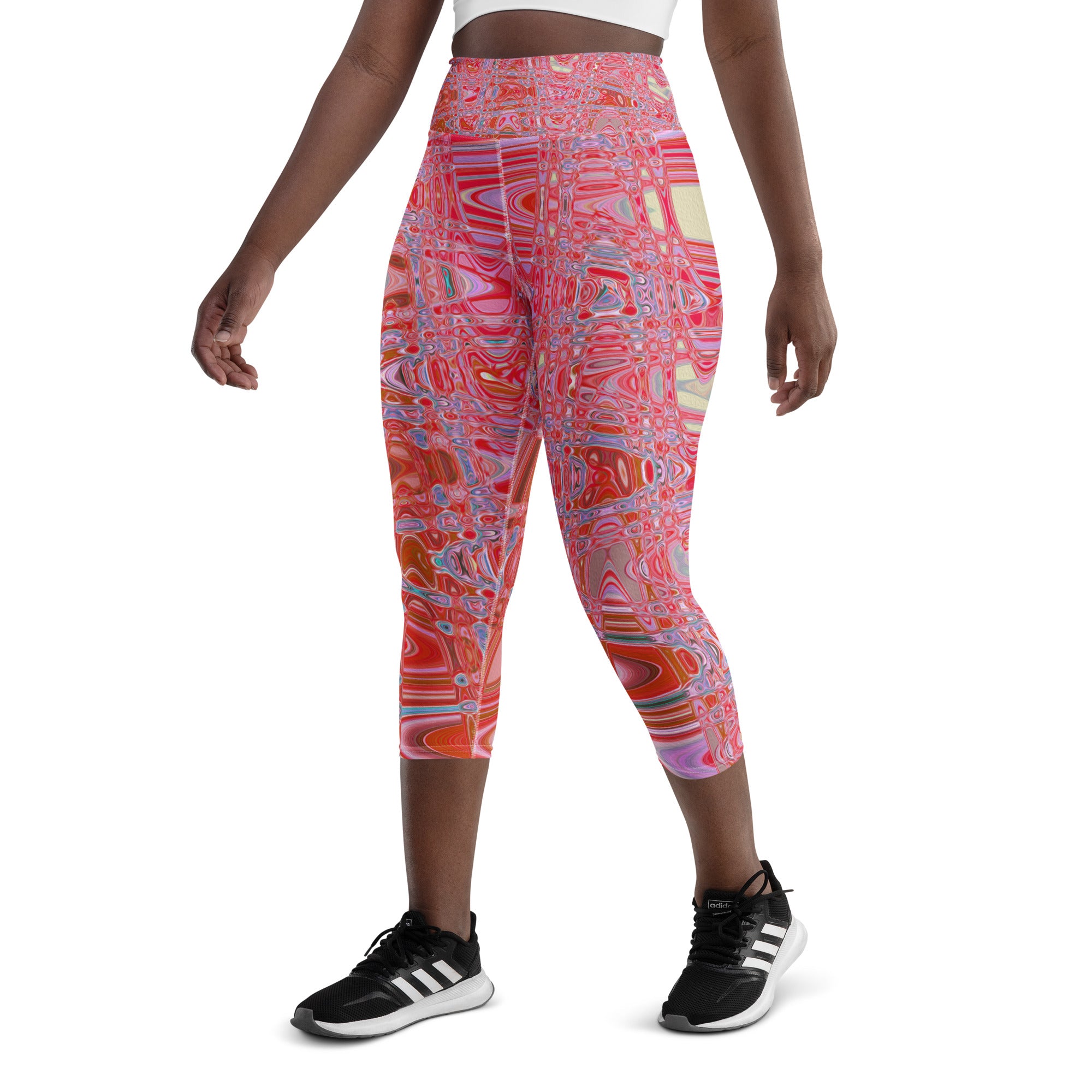 Capri Yoga Leggings | Cool Abstract Red and Pink Retro Zigzag Waves