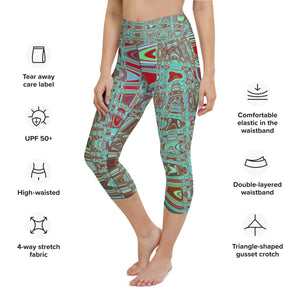 Capri Yoga Leggings | Cool Abstract Blue and Red Retro Zigzag Waves