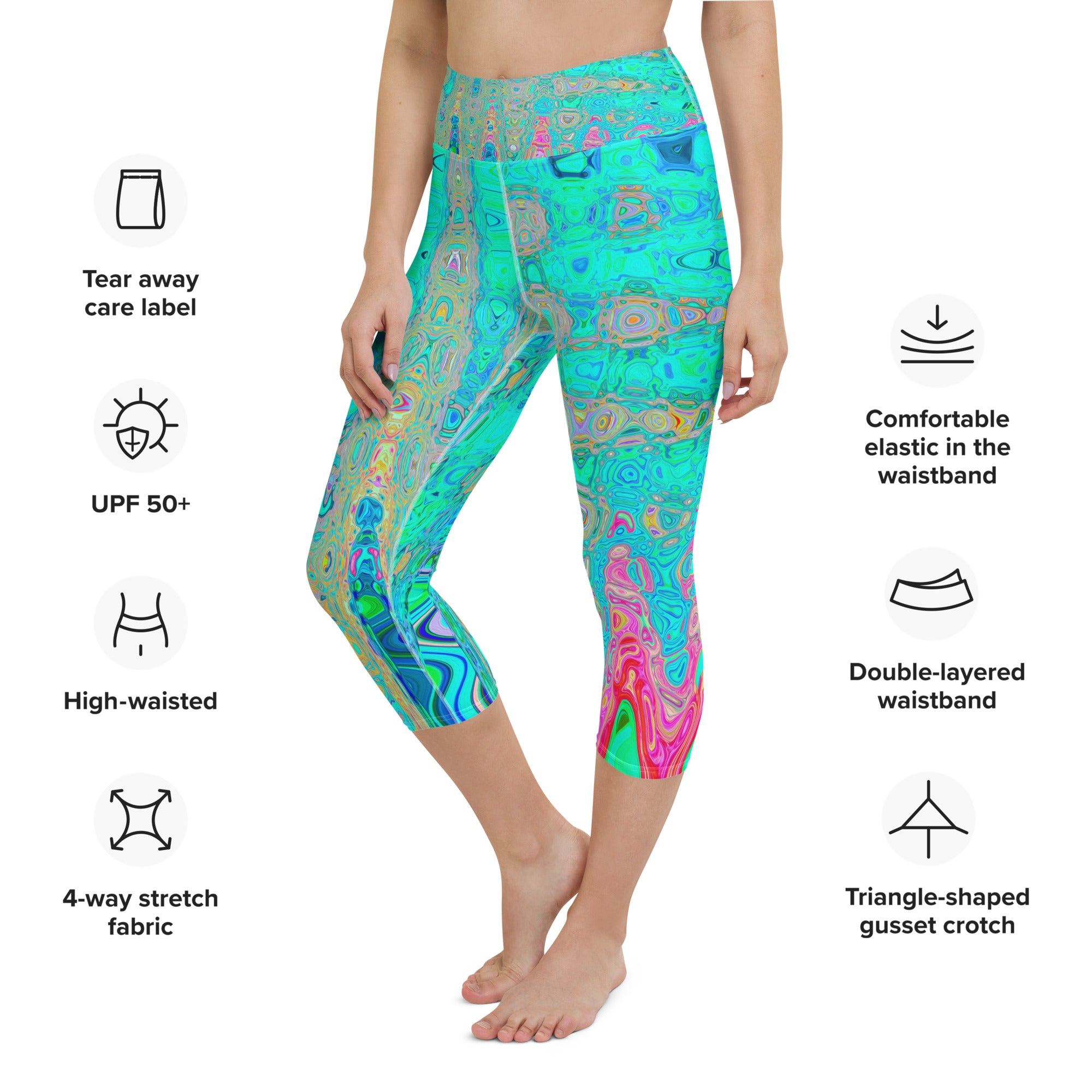 Capri Yoga Leggings | Groovy Abstract Retro Rainbow Atomic Waves