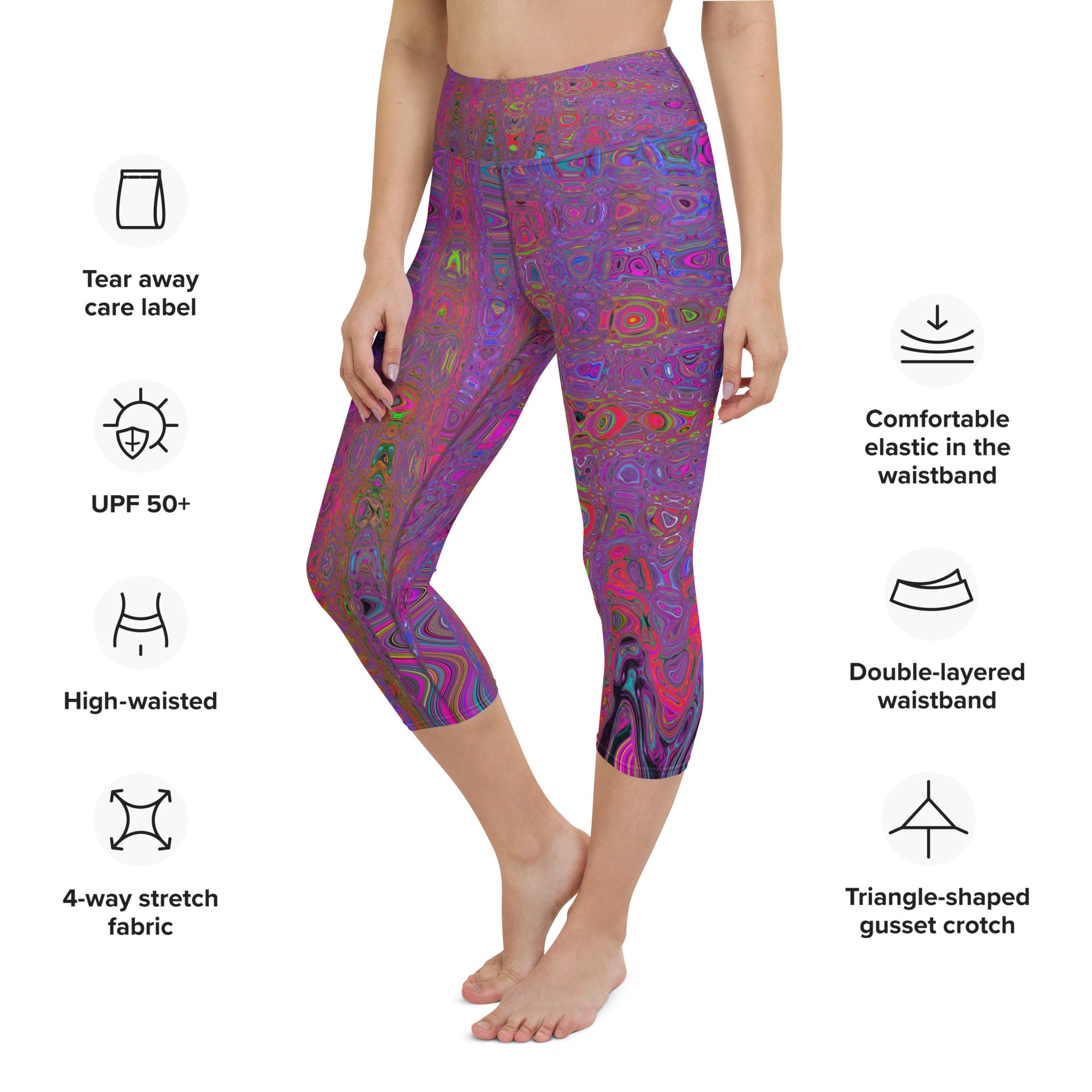 Capri Yoga Leggings | Psychedelic Groovy Magenta Retro Atomic Waves