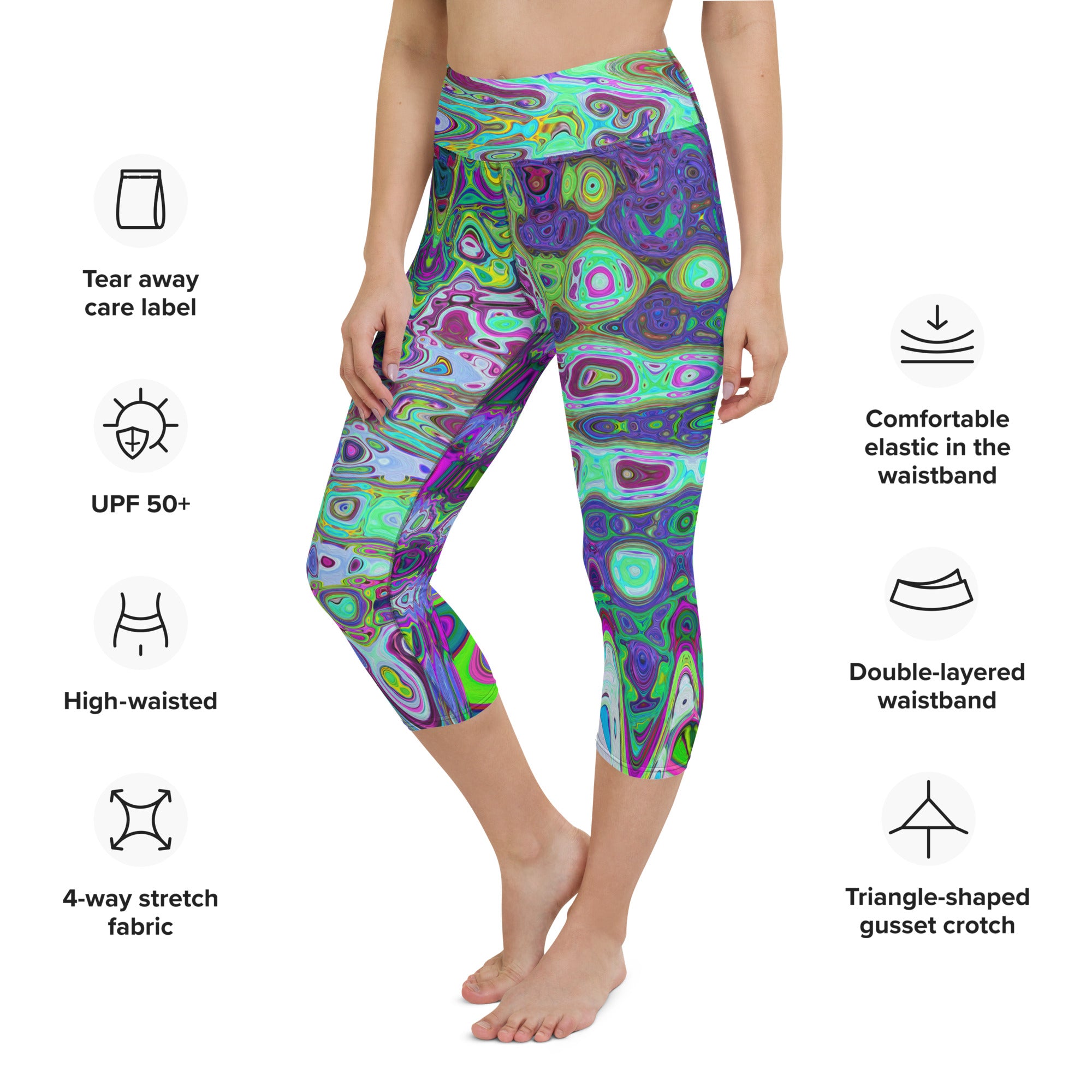 Capri Yoga Leggings | Abstract Green and Purple Wavy Mosaic Retro