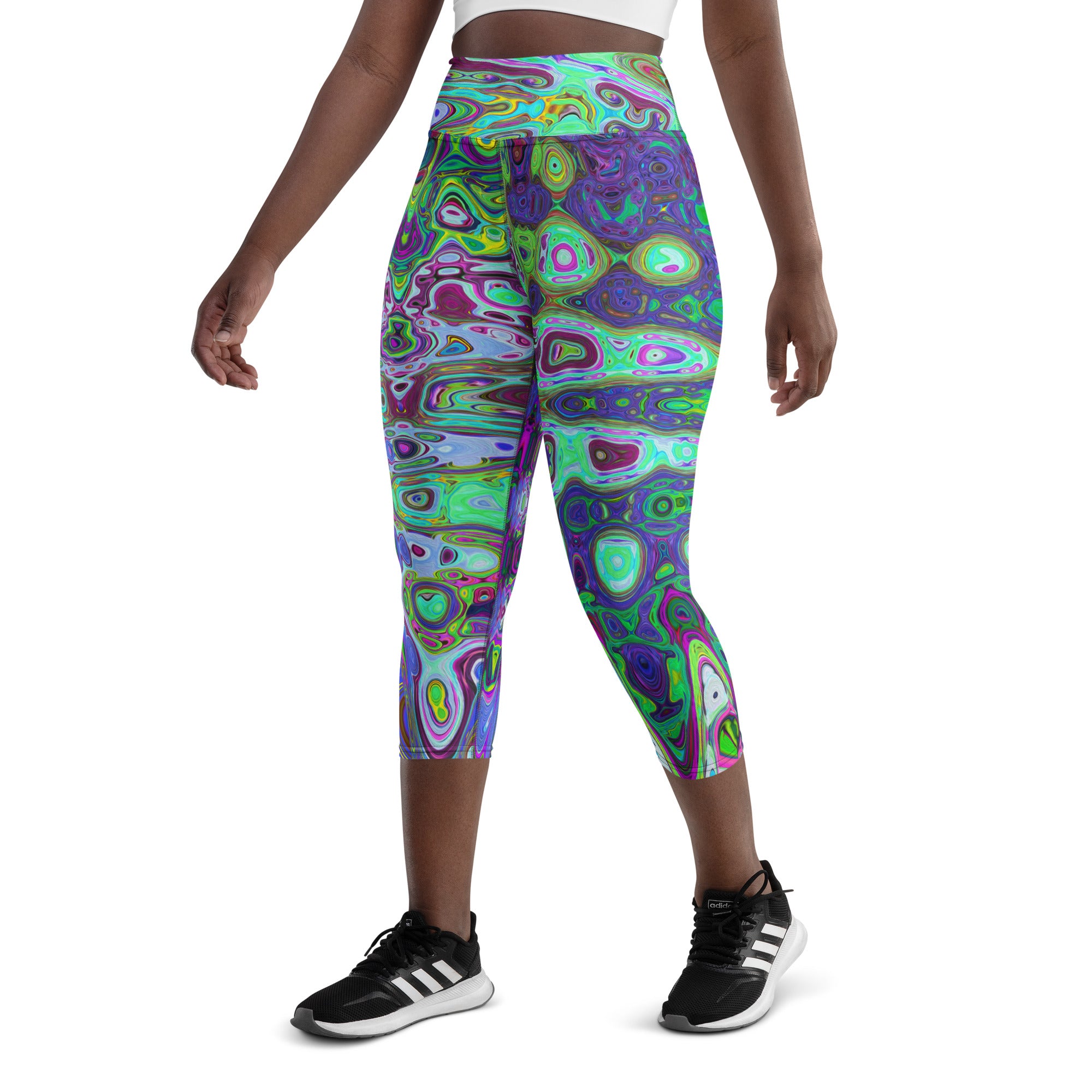 Capri Yoga Leggings | Abstract Green and Purple Wavy Mosaic Retro