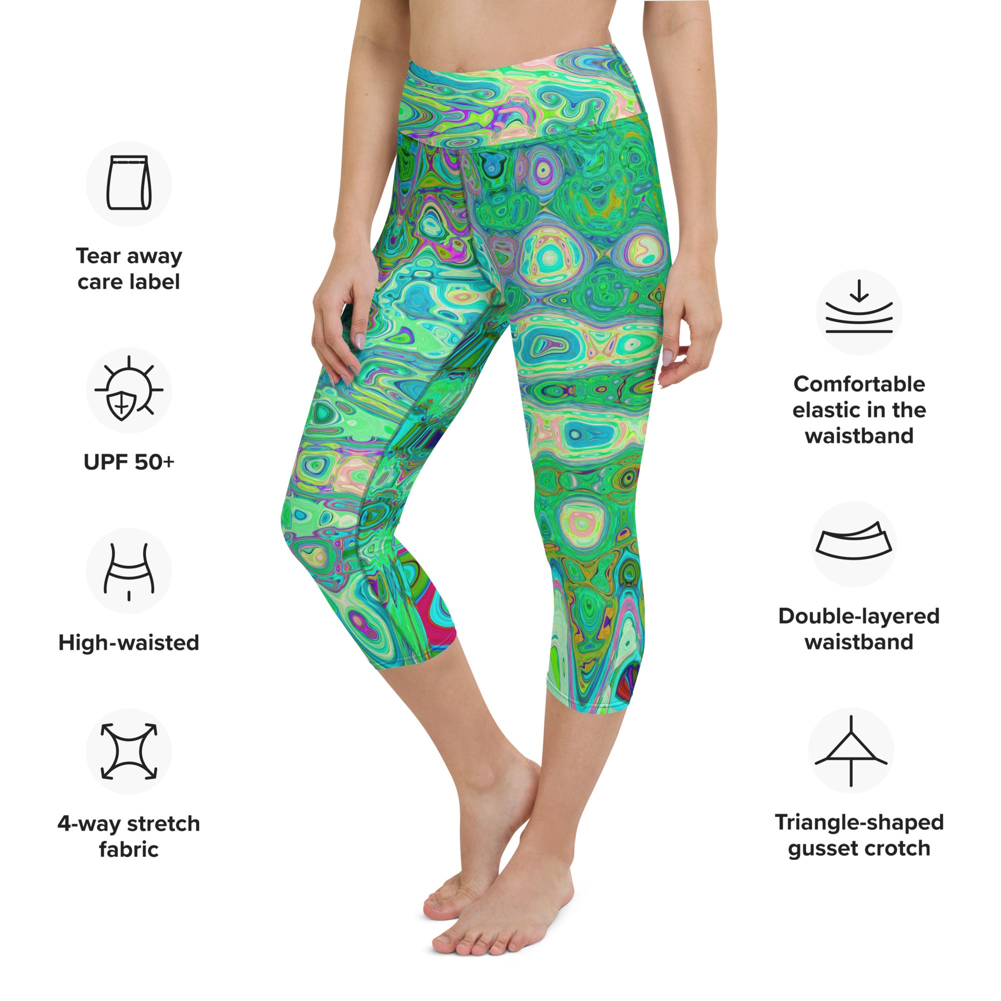 Capri Yoga Leggings | Abstract Colorful Green Wavy Mosaic Retro