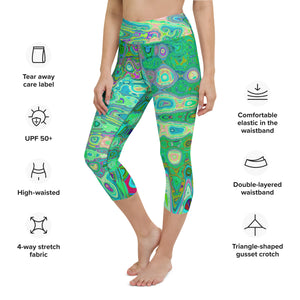 Capri Yoga Leggings | Abstract Colorful Green Wavy Mosaic Retro