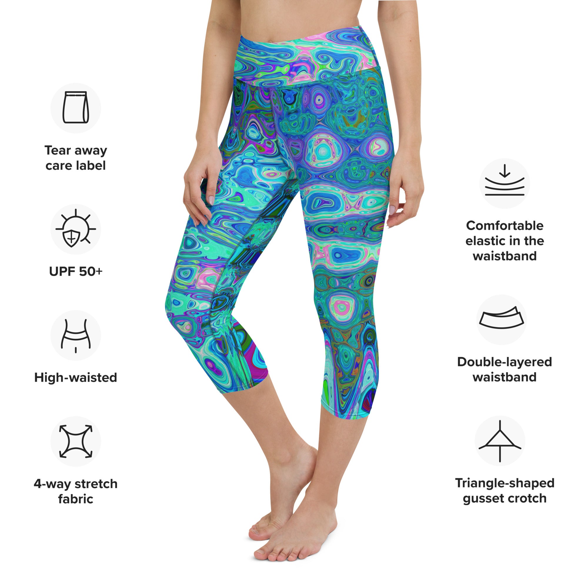 Capri Yoga Leggings | Abstract Colorful Blue Wavy Mosaic Retro