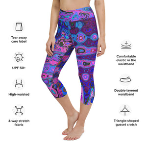 Capri Yoga Leggings | Abstract Mosaic Pink and Blue Wavy Retro