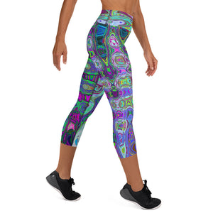 Capri Yoga Leggings | Abstract Green and Purple Wavy Mosaic Retro