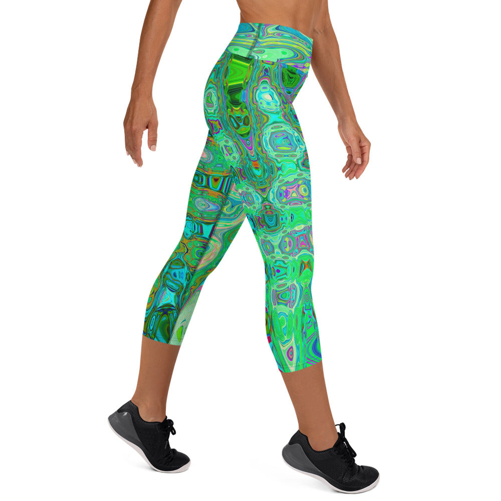 Capri Yoga Leggings | Abstract Colorful Green Wavy Mosaic Retro