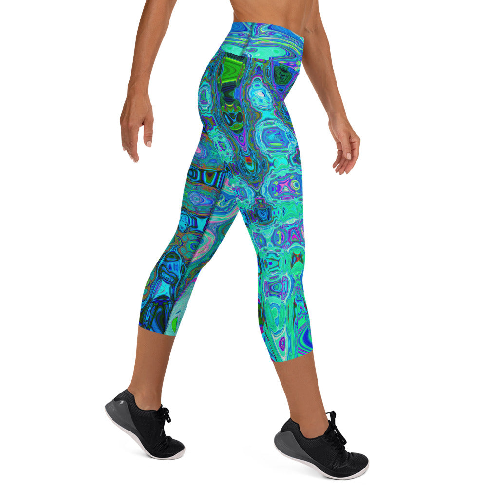 Capri Yoga Leggings | Abstract Colorful Blue Wavy Mosaic Retro