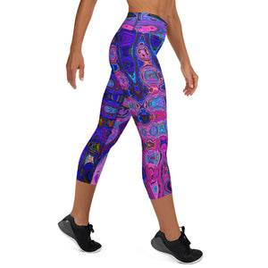 Capri Yoga Leggings | Abstract Mosaic Pink and Blue Wavy Retro