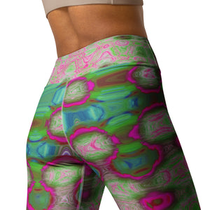 Yoga Leggings for Women | Abstract Magenta and Green Wavy Tie Dye Clouds