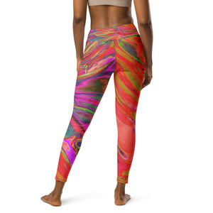 Yoga Leggings for Women - Cool Abstract Chartreuse and Red Groovy Retro