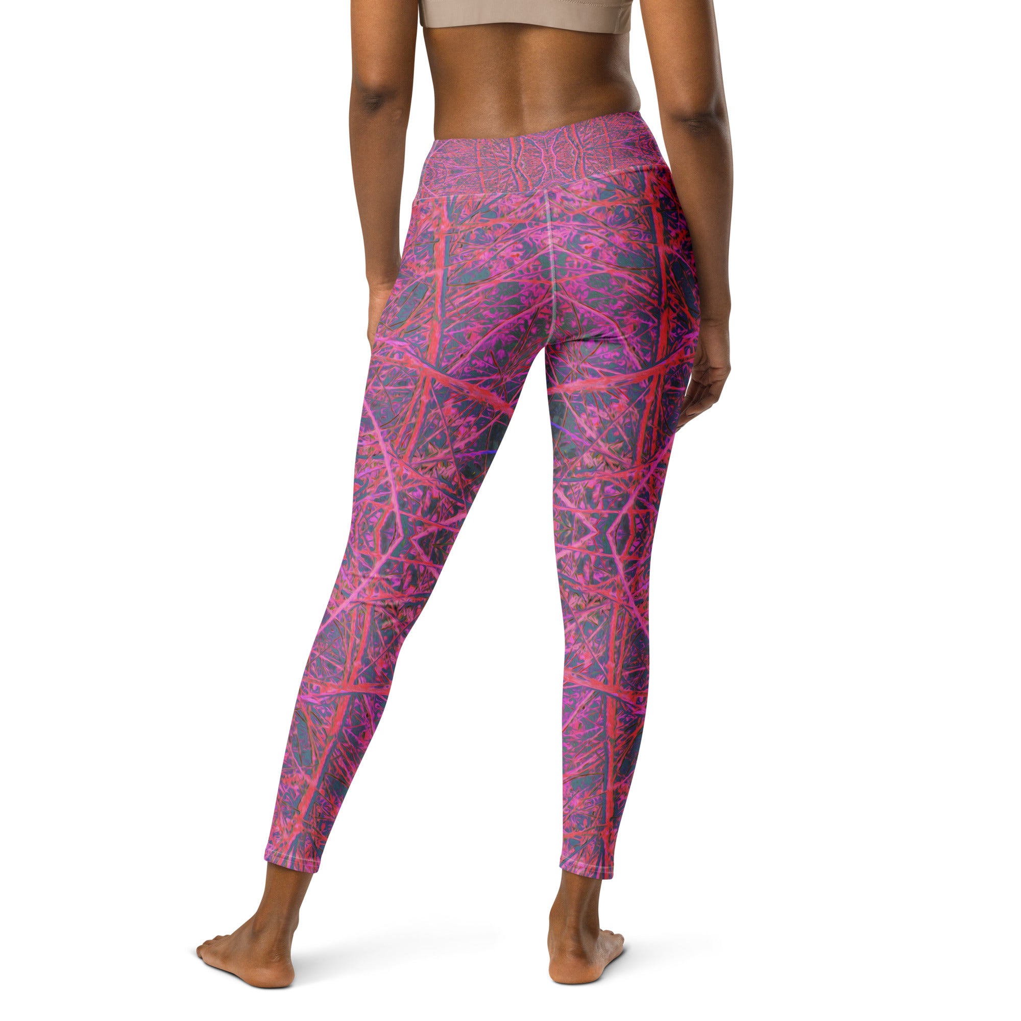 Yoga Leggings for Women - Cool Pink and Green Abstract Branch Pattern