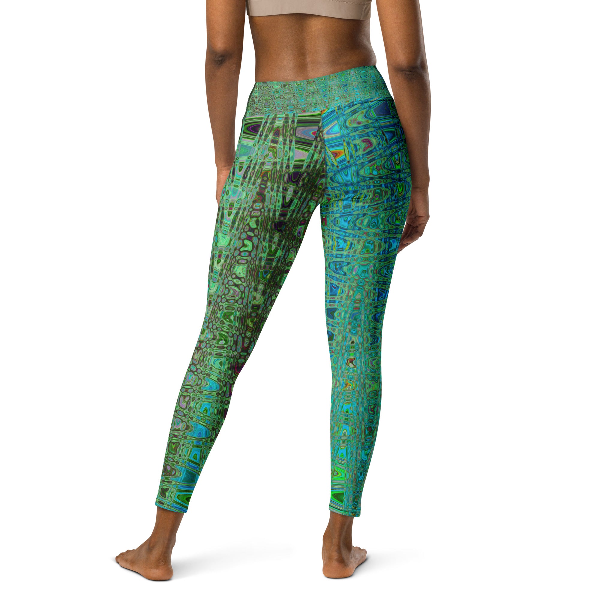 Yoga Leggings for Women | Abstract Green and Blue Retro Boomerang Waves