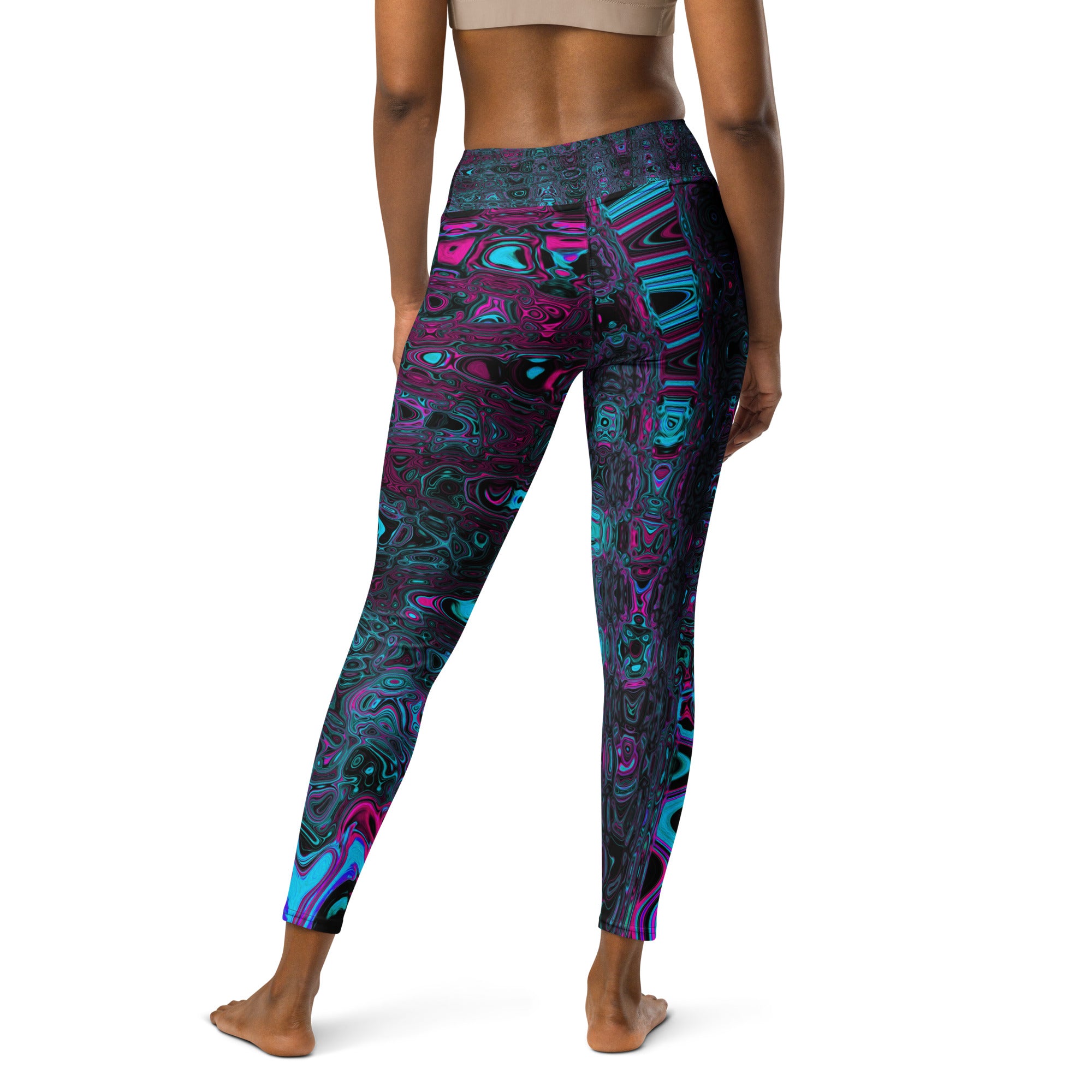 Yoga Leggings for Women | Retro Aqua Magenta and Black Abstract Atomic Waves